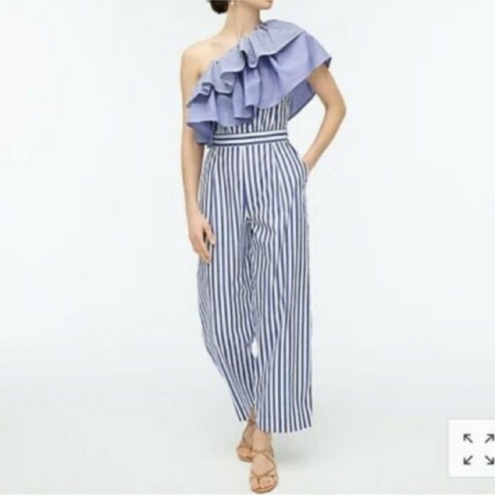 J. Crew One Shoulder Blue Mixed Stripe Jumpsuit Sz 0. New without tags